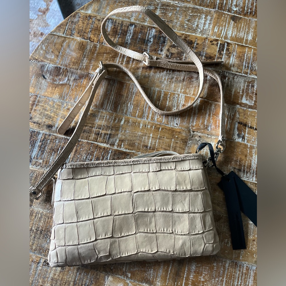 Italian Croc-Embossed ‘Rich Tan’ Leather Crossbody Bag; interior pocket. 6”x9.5”